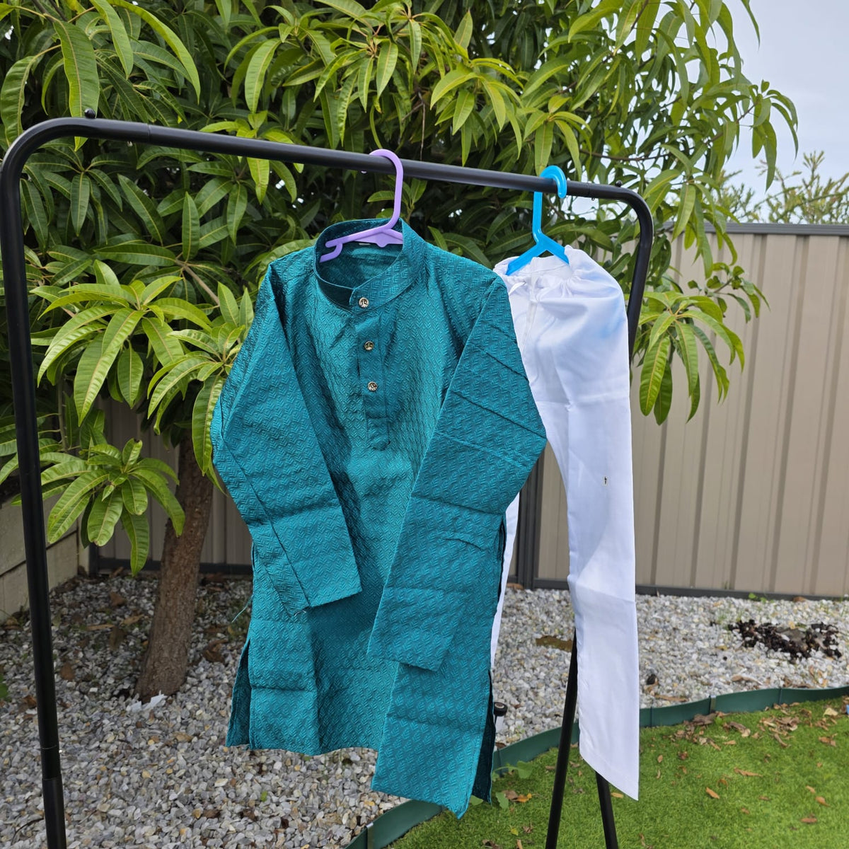 Sea Green silk kurta with white cotton pyjama – traditional boys outfit”