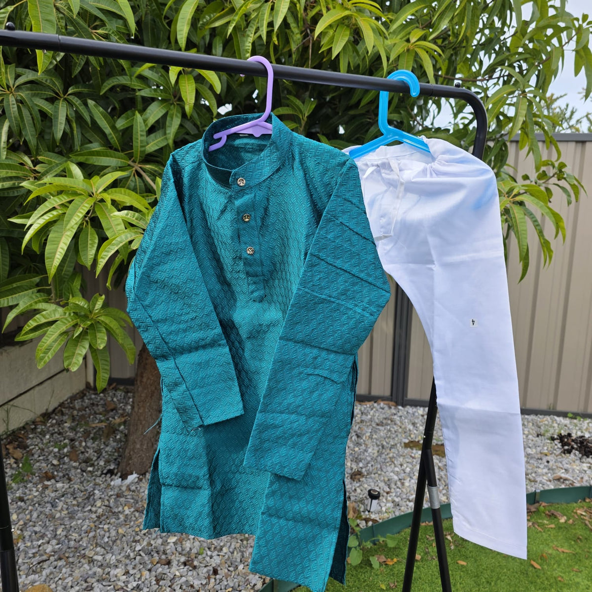 Sea Green silk kurta with white cotton pyjama – traditional boys outfit”