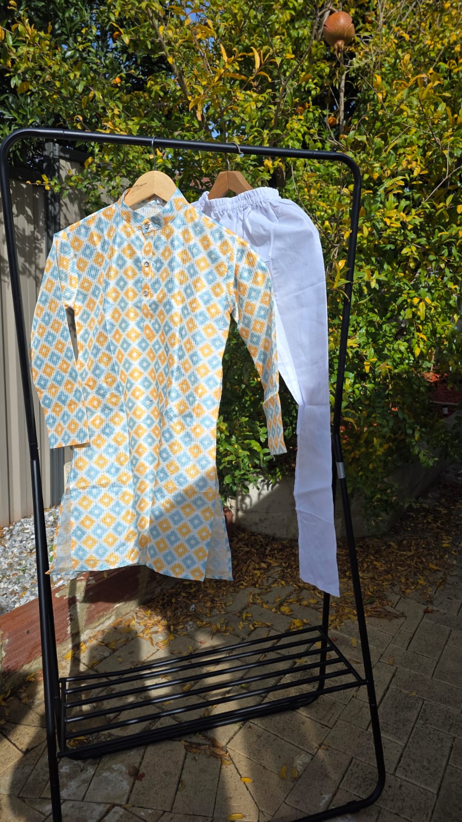 Multicolor silk kurta with white cotton payjama – traditional boys outfit