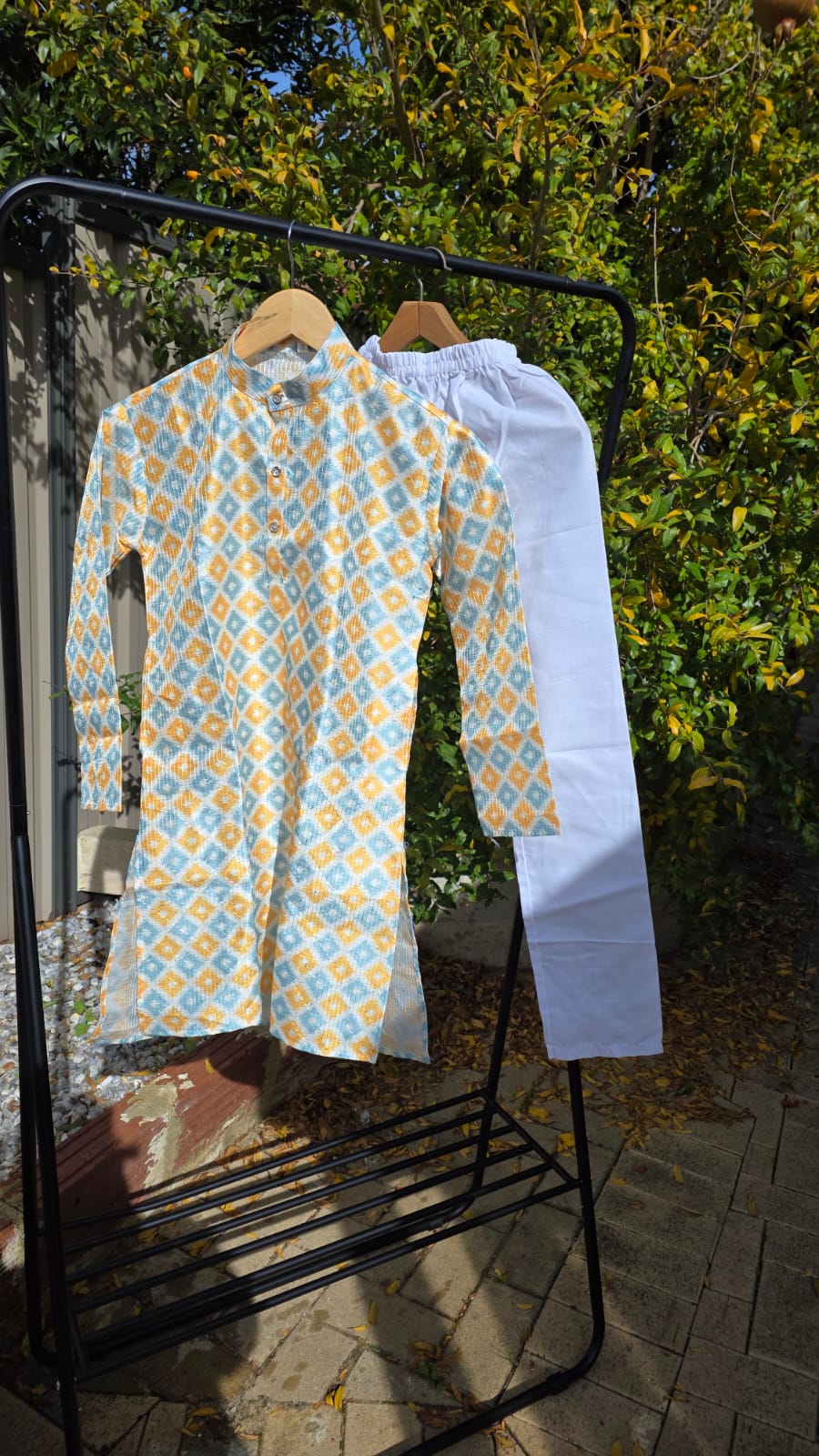 Multicolor silk kurta with white cotton payjama – traditional boys outfit