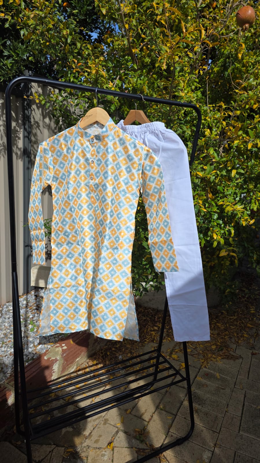 Multicolor silk kurta with white cotton payjama – traditional boys outfit