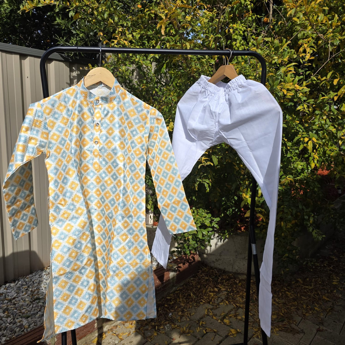 Multicolor silk kurta with white cotton payjama – traditional boys outfit
