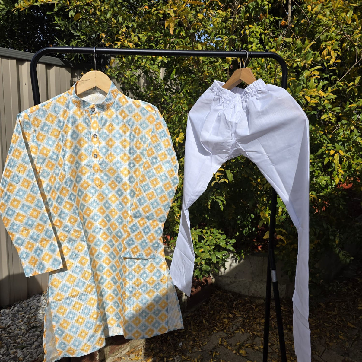Multicolor silk kurta with white cotton payjama – traditional boys outfit