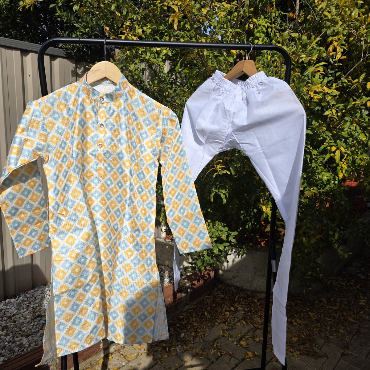 Multicolor silk kurta with white cotton payjama – traditional boys outfit