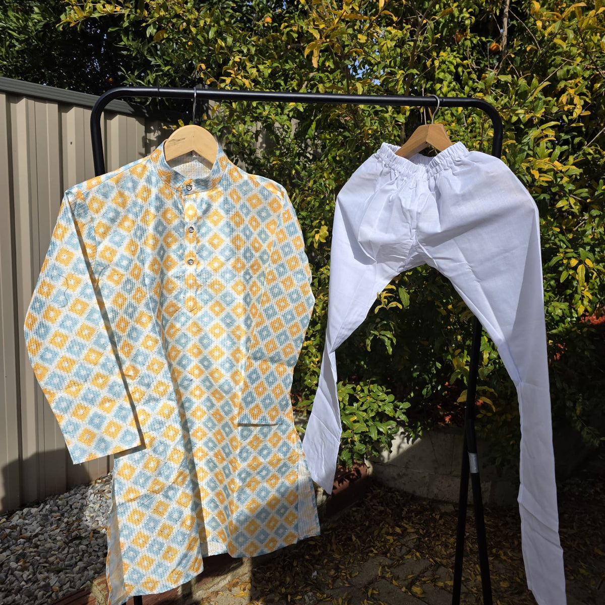 Multicolor silk kurta with white cotton payjama – traditional boys outfit