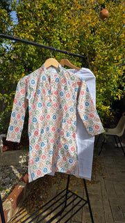Multicolor Kurta with White Cotton Pyjama – Kids Ethnic Set 13