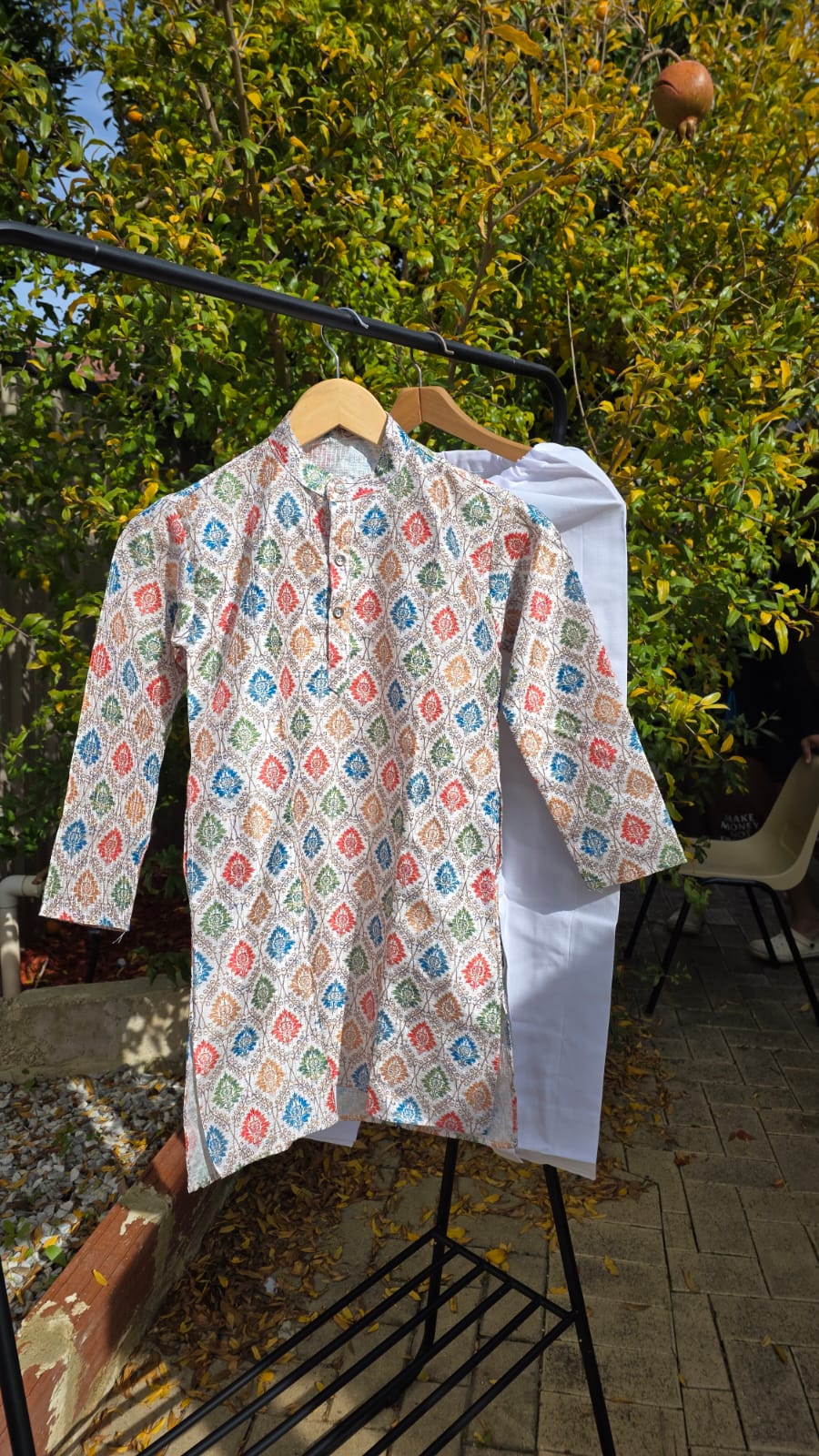 Multicolor silk kurta with white cotton payjama – traditional boys outfit