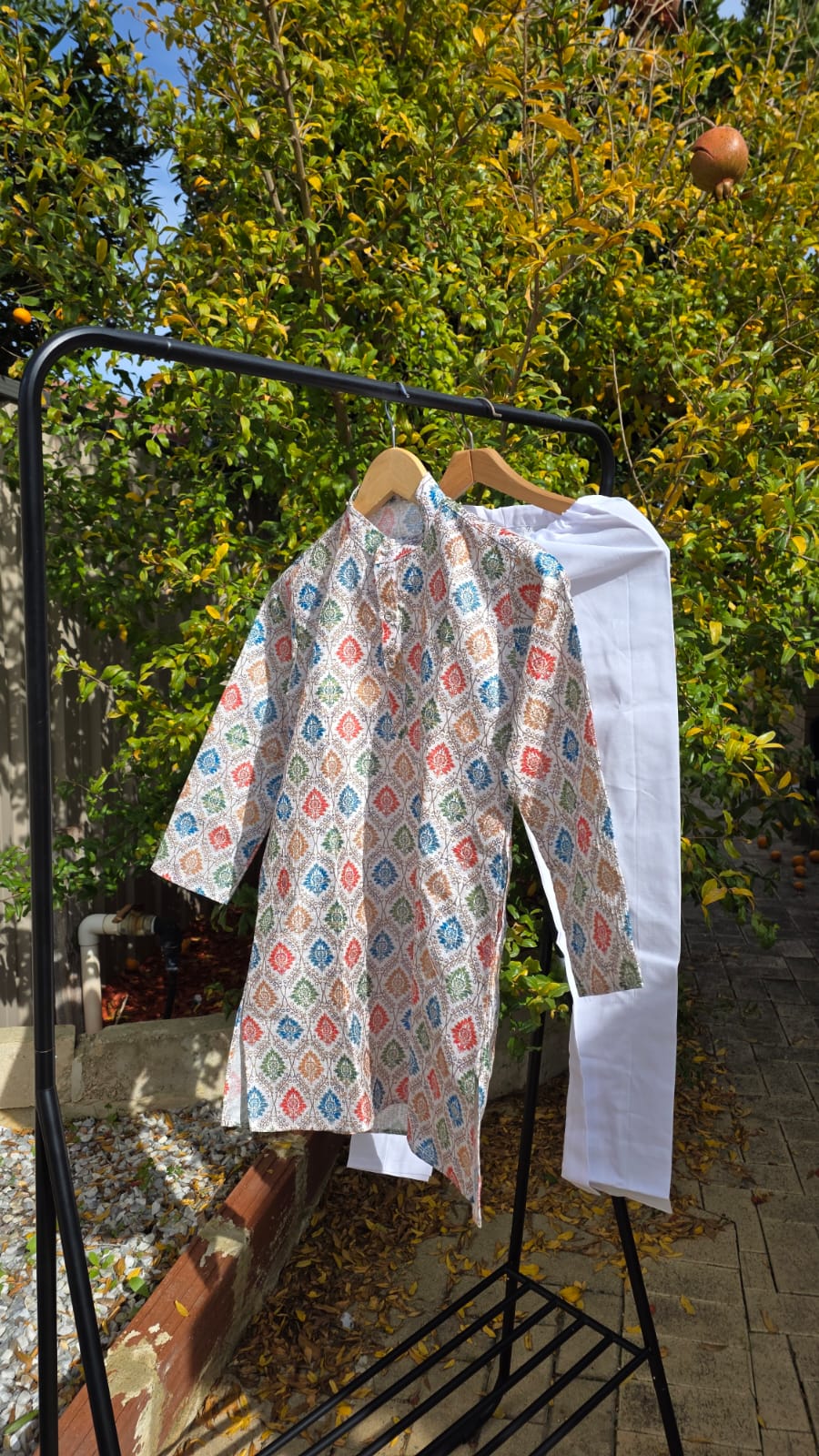 Multicolor silk kurta with white cotton payjama – traditional boys outfit