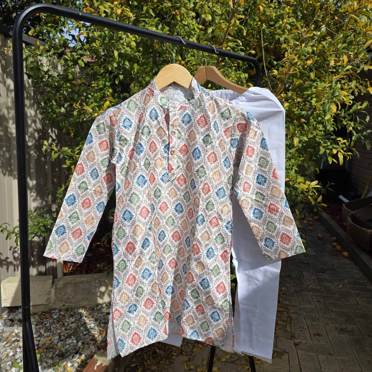 Multicolor silk kurta with white cotton payjama – traditional boys outfit