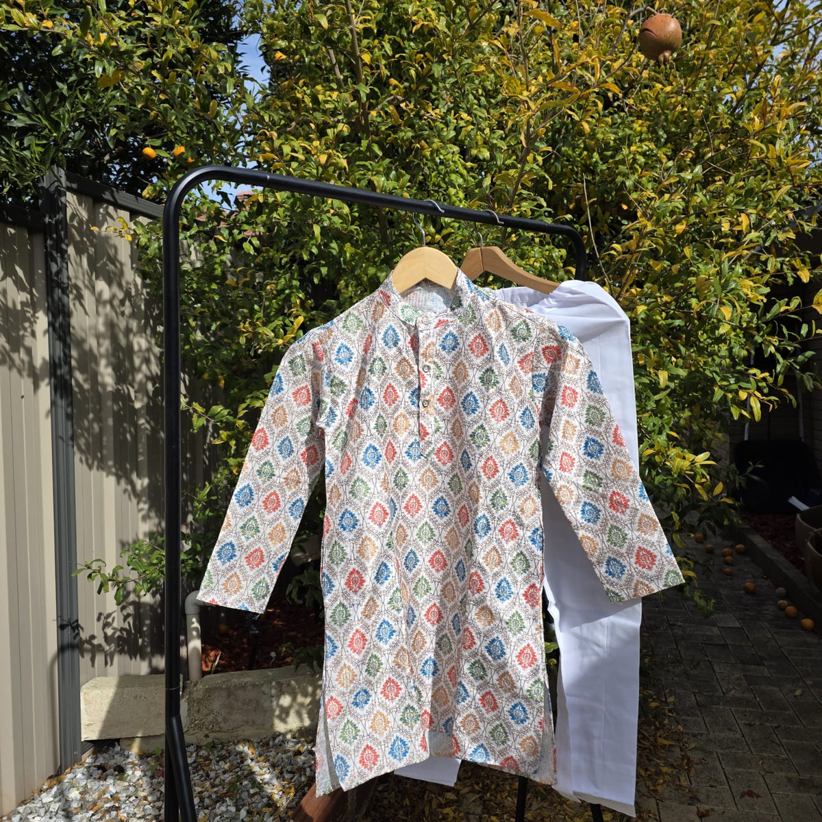 Multicolor silk kurta with white cotton payjama – traditional boys outfit