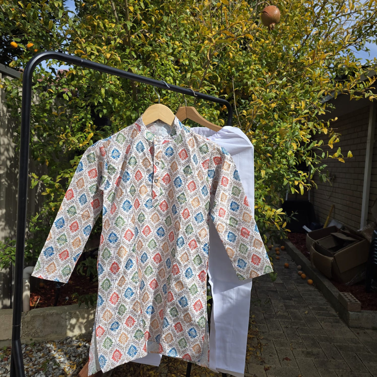 Multicolor silk kurta with white cotton payjama – traditional boys outfit