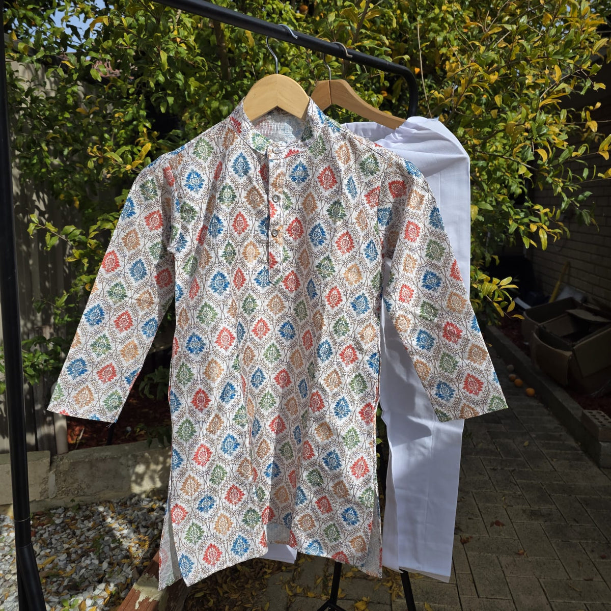 Multicolor Kurta with White Cotton Pyjama – Kids Ethnic Set