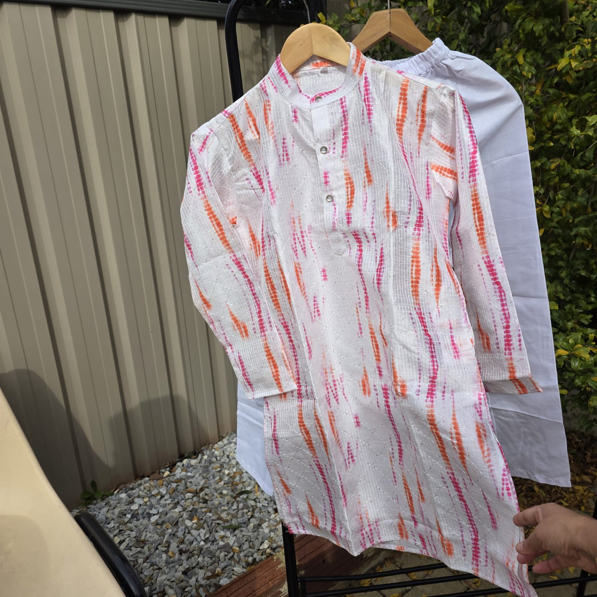 Kids Kurta Pajama Set – Multicolor Silk Kurta with White Cotton Pyjama