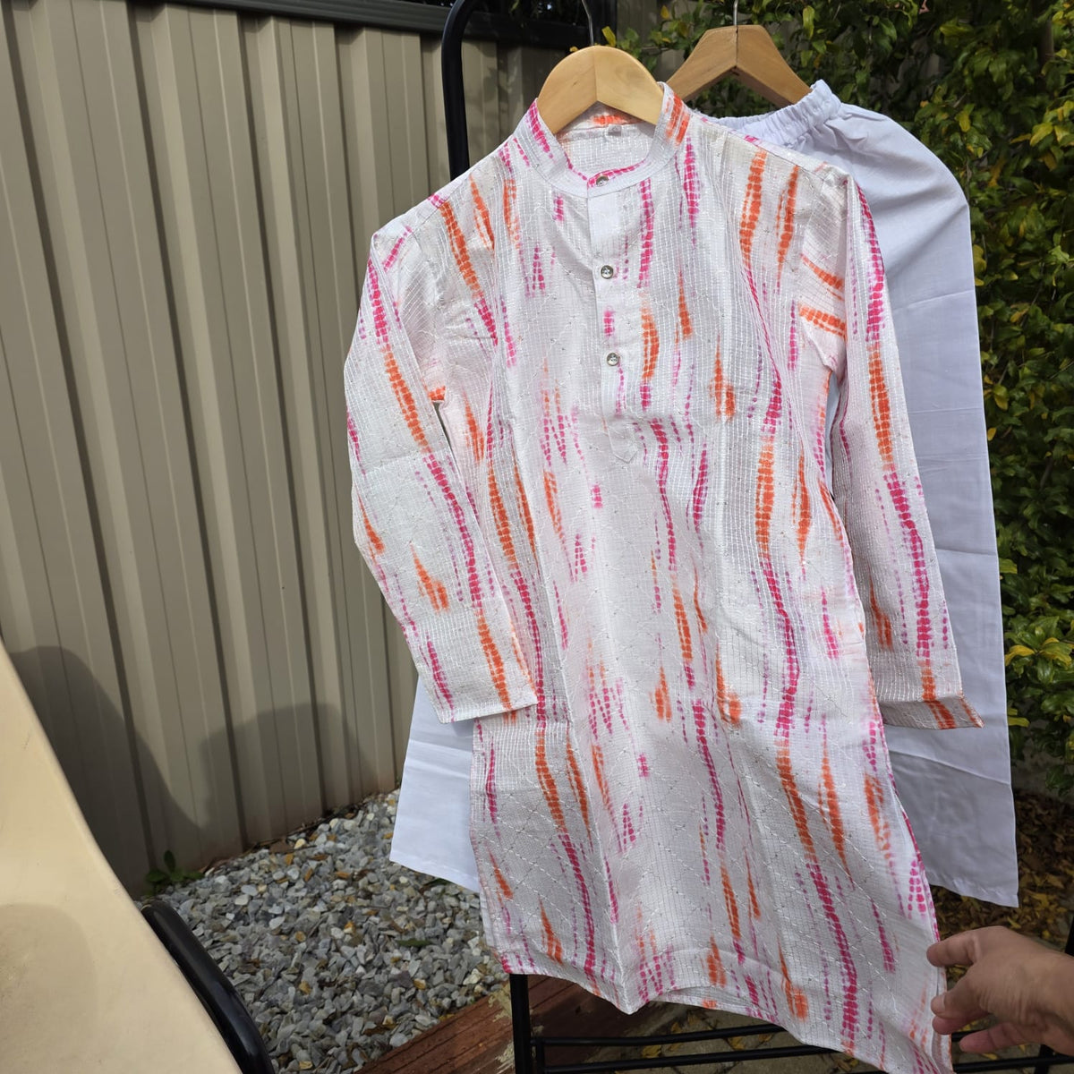 “Kids multicolor kurta with white cotton pyjama – traditional boys outfit”