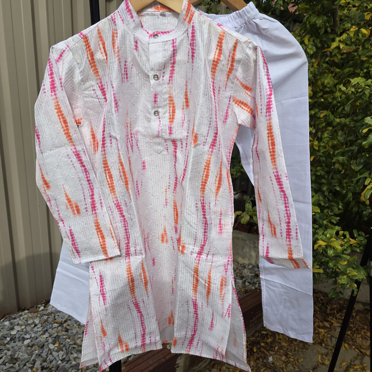 “Kids multicolor kurta with white cotton pyjama – traditional boys outfit”