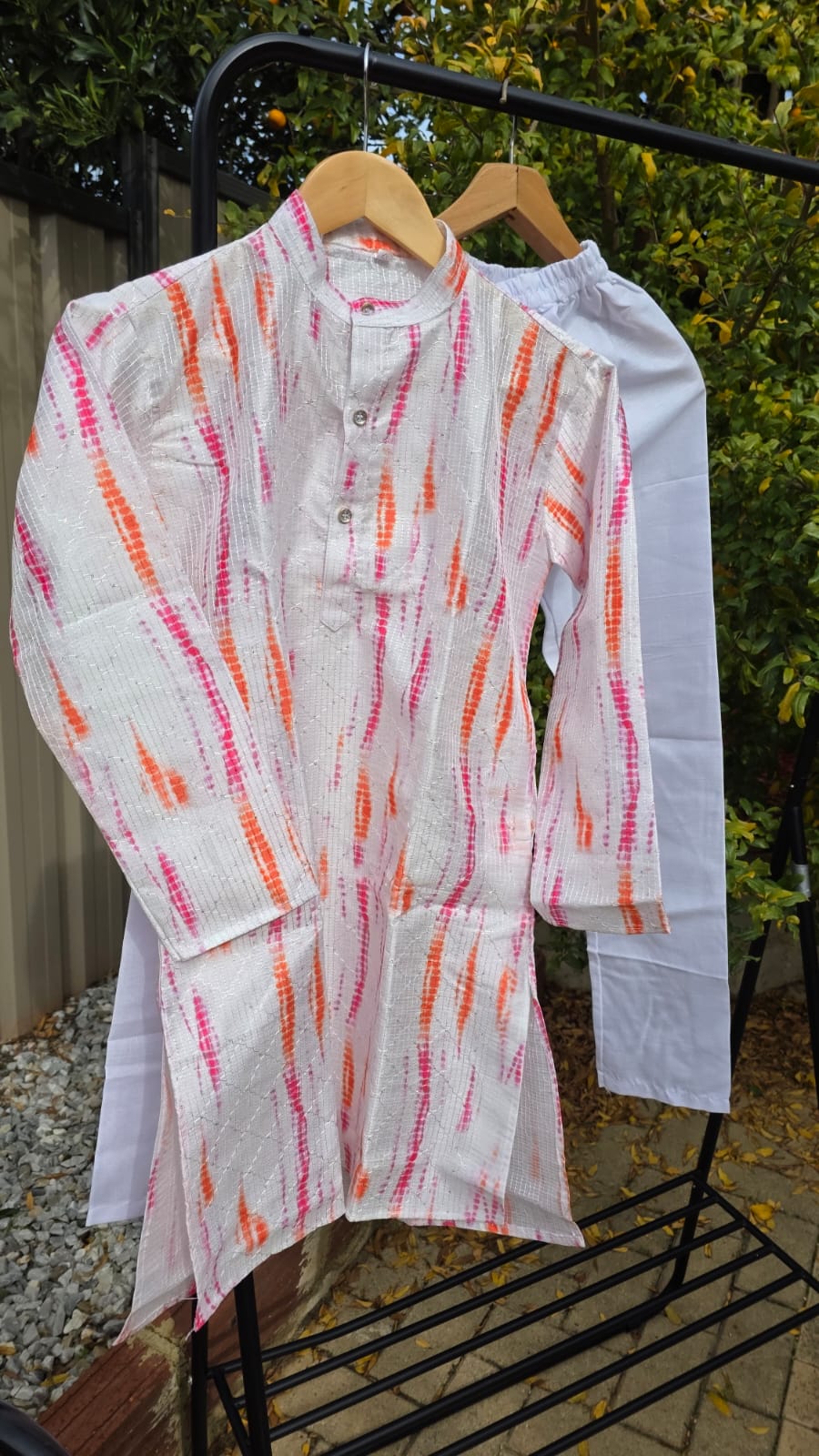 “Kids multicolor kurta with white cotton pyjama – traditional boys outfit”