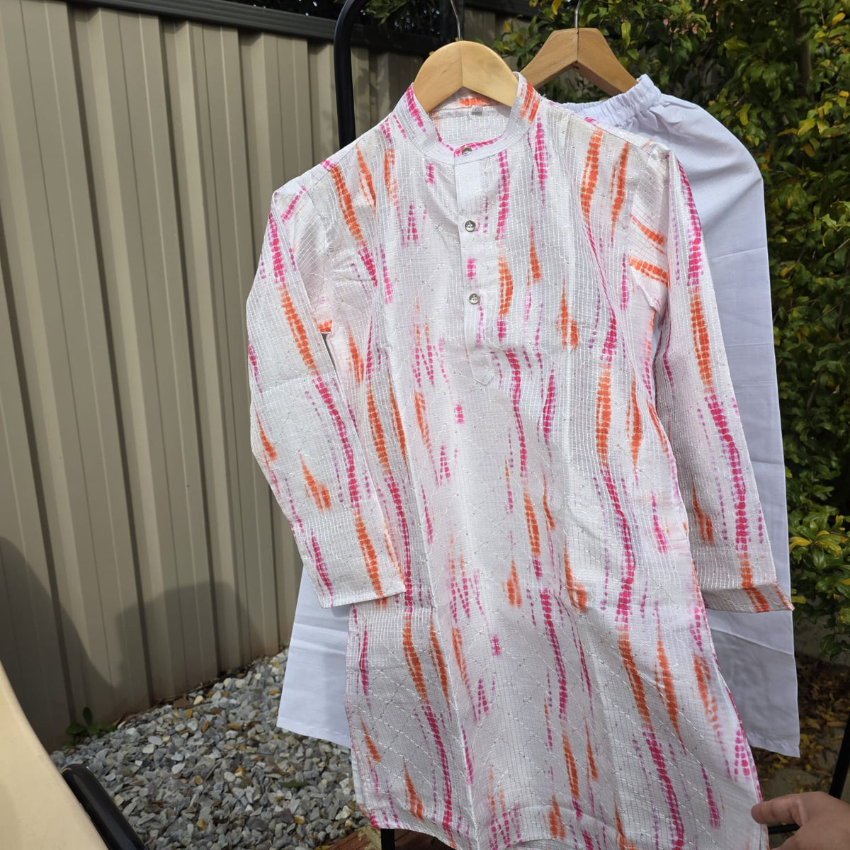 “Kids multicolor kurta with white cotton pyjama – traditional boys outfit”