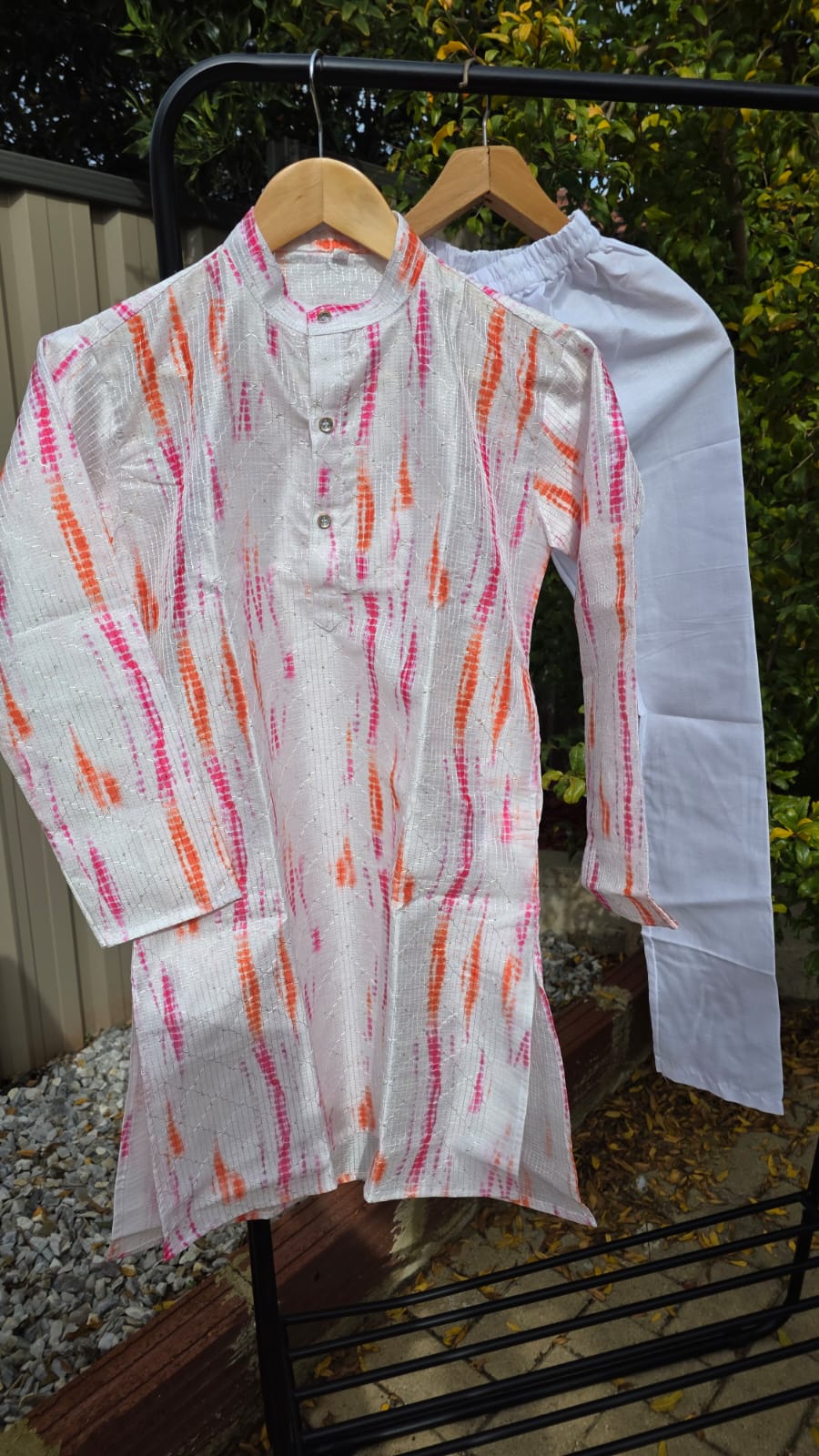 “Kids multicolor kurta with white cotton pyjama – traditional boys outfit”