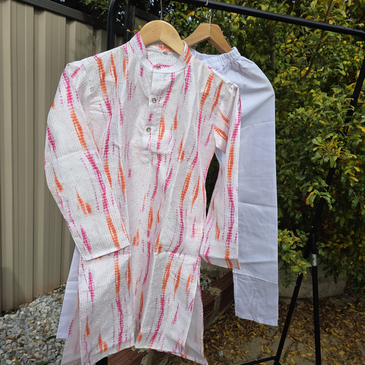 “Kids multicolor kurta with white cotton pyjama – traditional boys outfit”