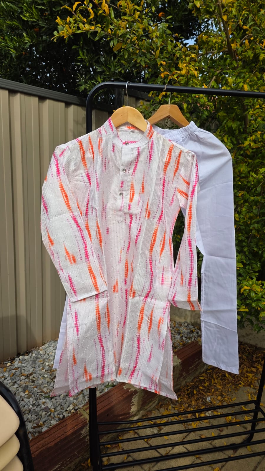 “Kids multicolor kurta with white cotton pyjama – traditional boys outfit”