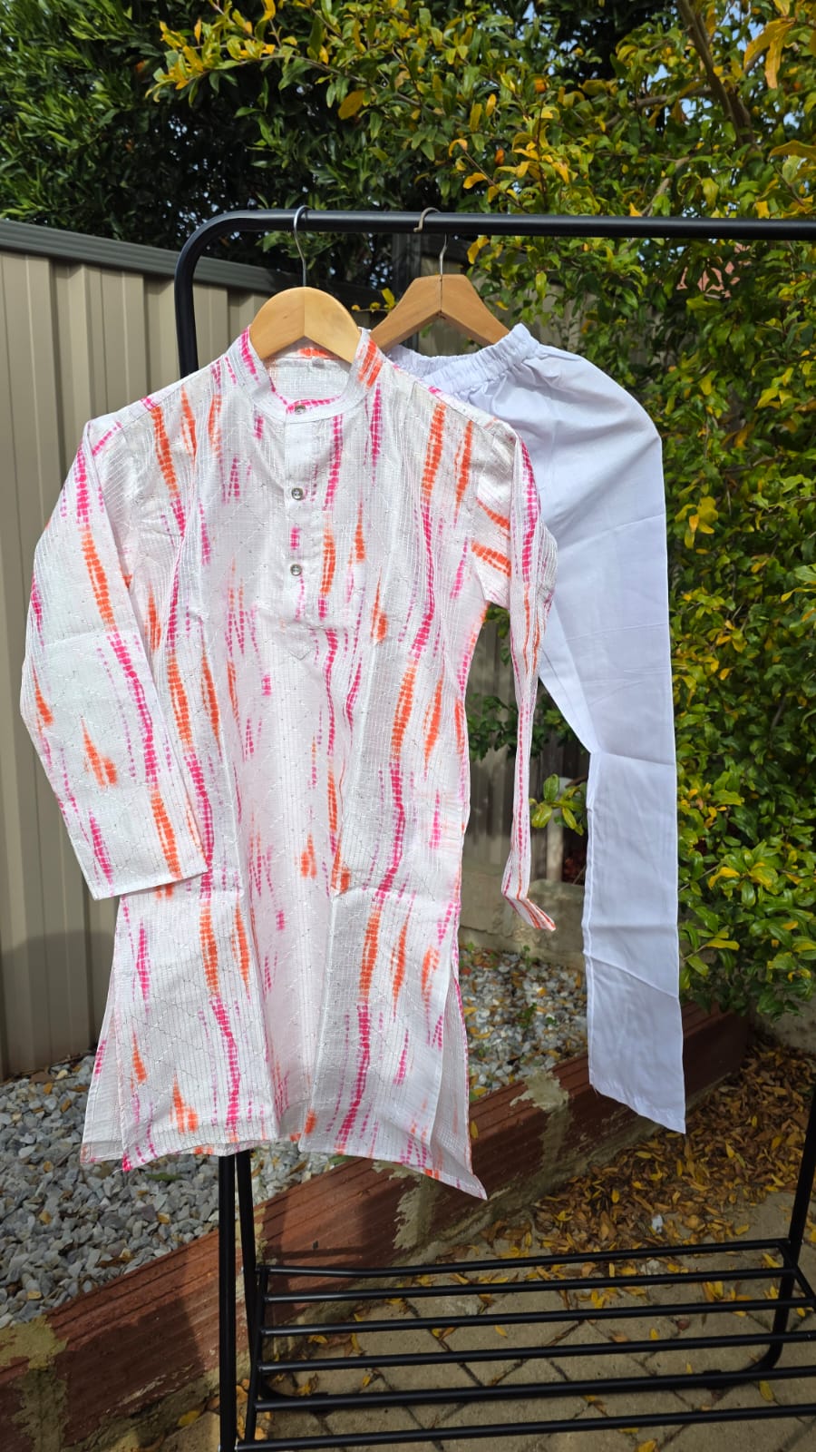 “Kids multicolor kurta with white cotton pyjama – traditional boys outfit”