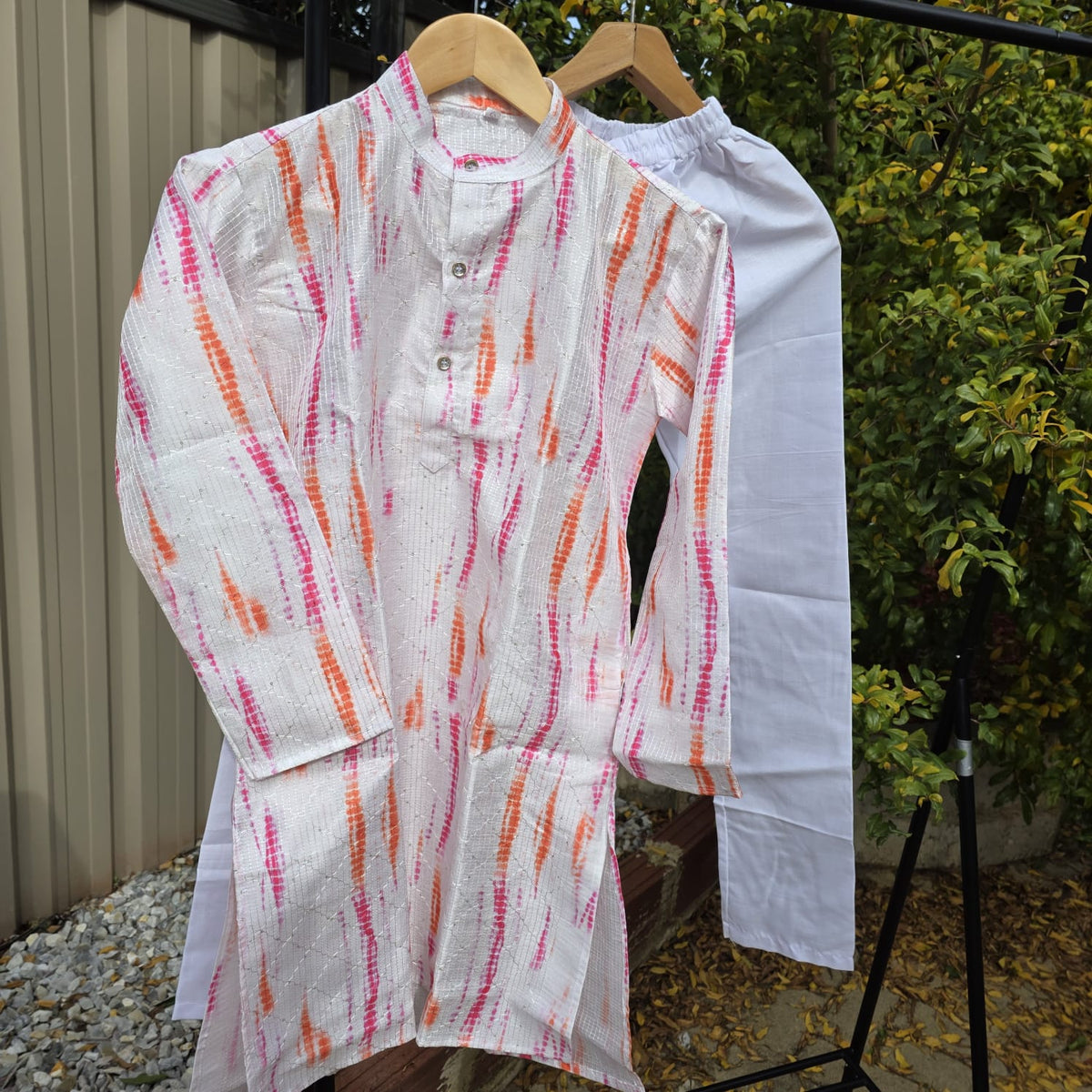 “Kids multicolor kurta with white cotton pyjama – traditional boys outfit”