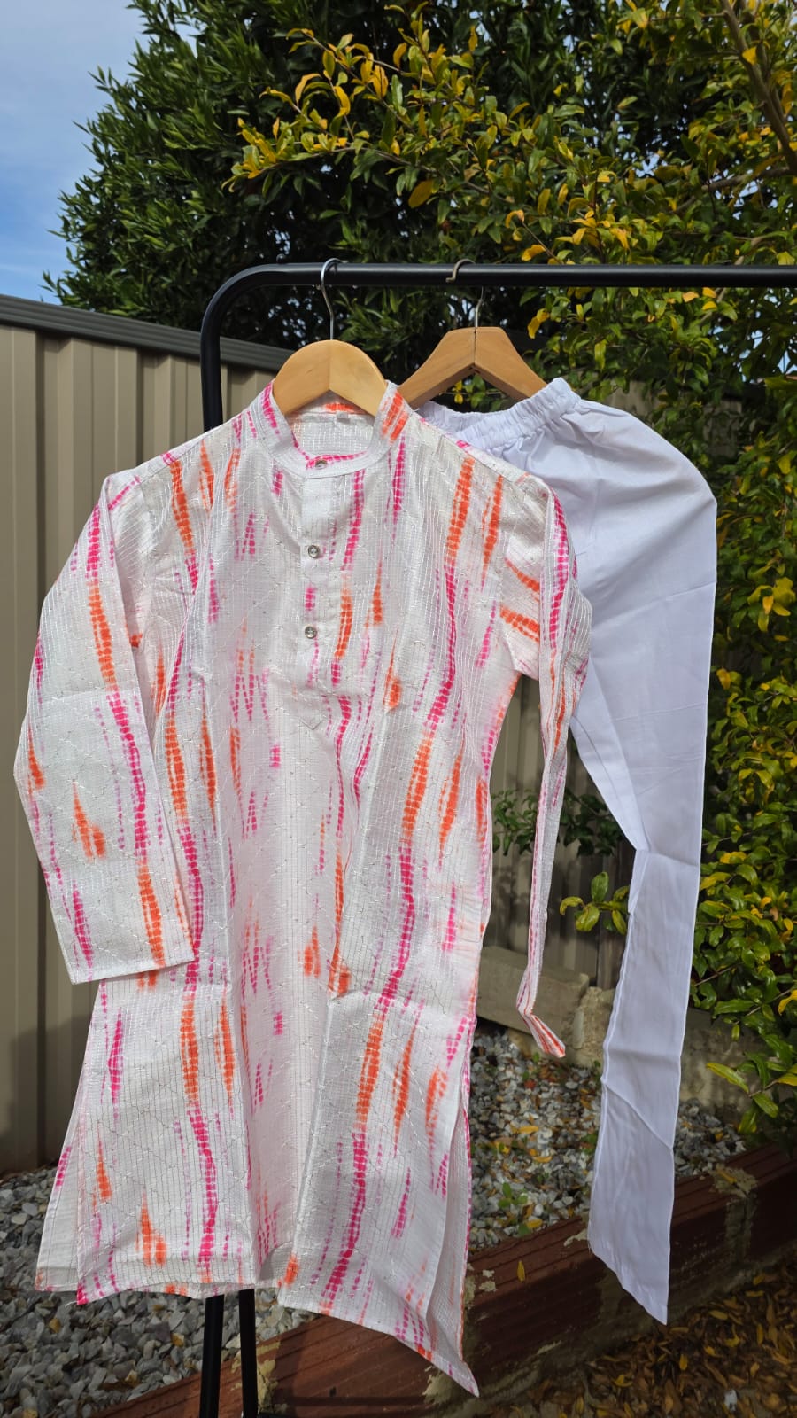 “Kids multicolor kurta with white cotton pyjama – traditional boys outfit”
