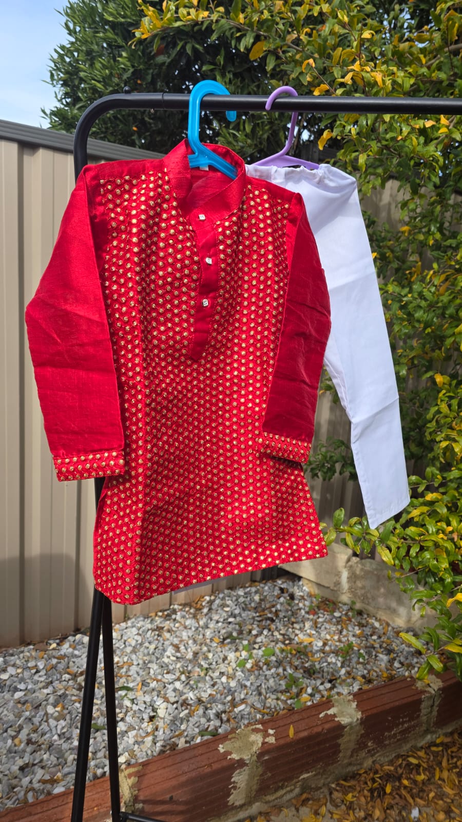 Kids Kurta Pajama – Red Silk Kurta with White Cotton Pyjama