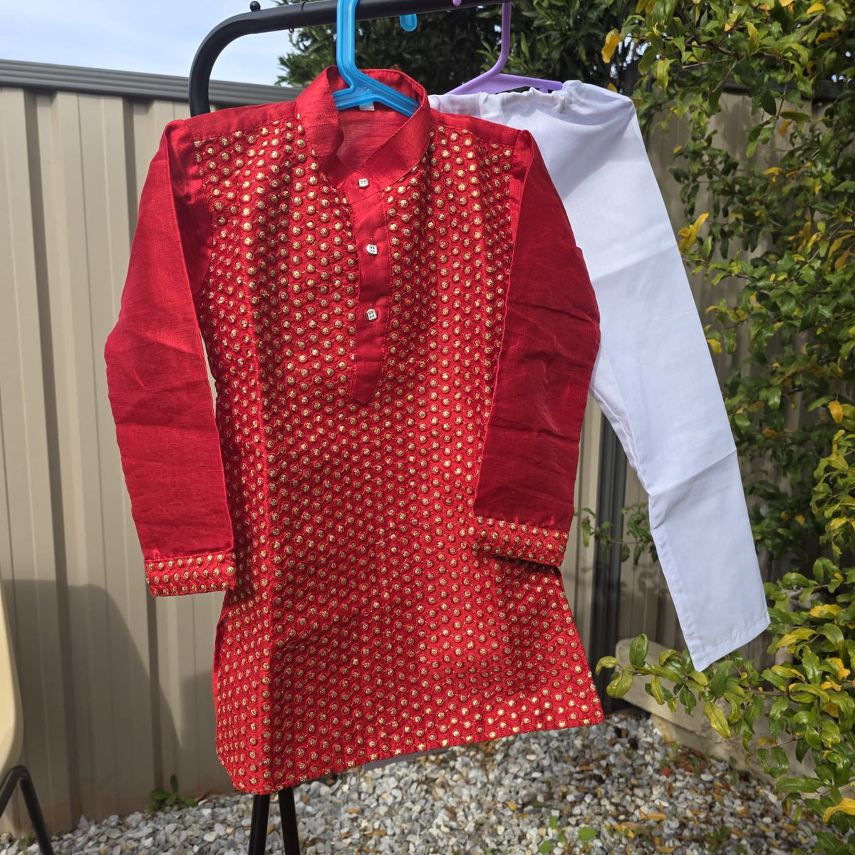 “Kids multicolor kurta with white cotton pyjama – traditional boys outfit”