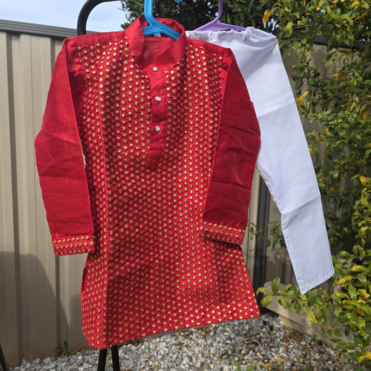 Kids Kurta Pajama – Red Silk Kurta with White Cotton Pyjama