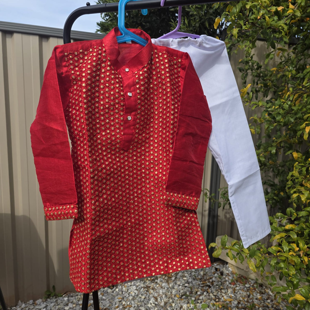 Kids Kurta Pajama – Red Silk Kurta with White Cotton Pyjama