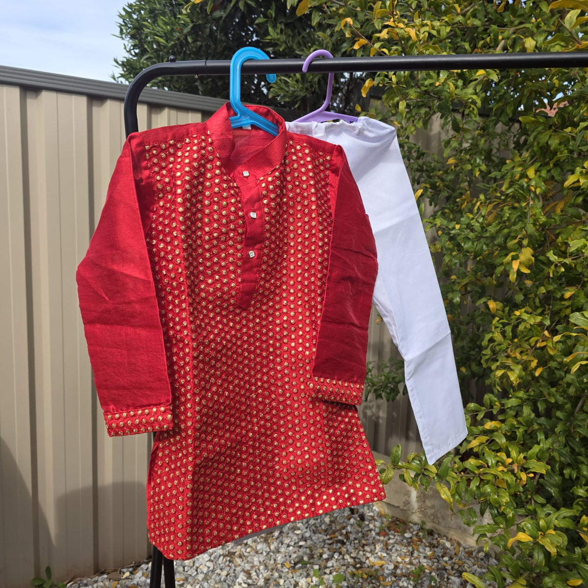 Kids Kurta Pajama – Red Silk Kurta with White Cotton Pyjama