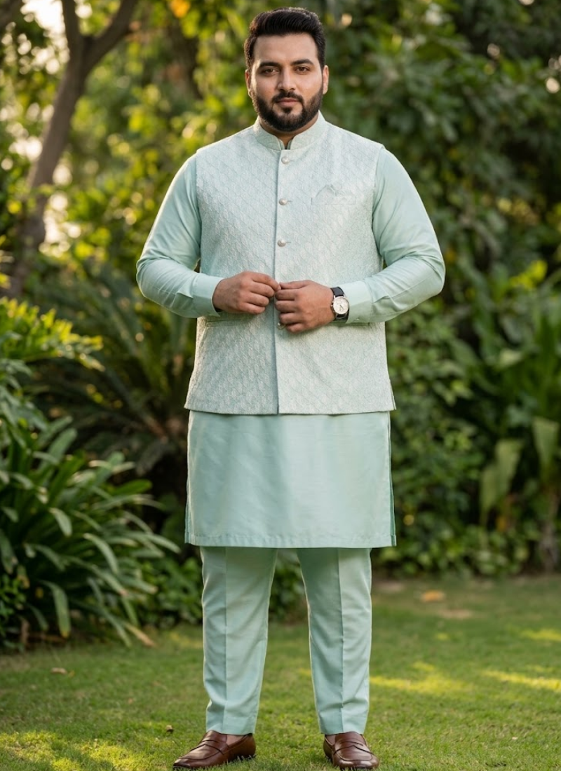 Indian Silk Kurta Pant Set with Jacquard Koti For Men Australia