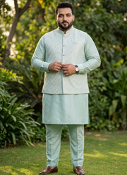 Indian Silk Kurta Pant Set with Jacquard Koti For Men 1