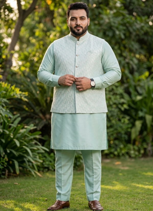 Indian Silk Kurta Pant Set with Jacquard Koti For Men 