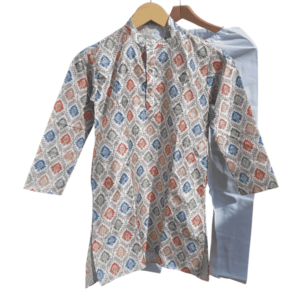 Multicolor Kurta with White Cotton Pyjama – Kids Ethnic Set