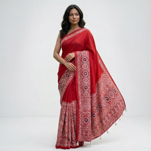 Ajrak Printed Silk Saree – Digital Print with Real Mirror Handwork & Satin Blouse