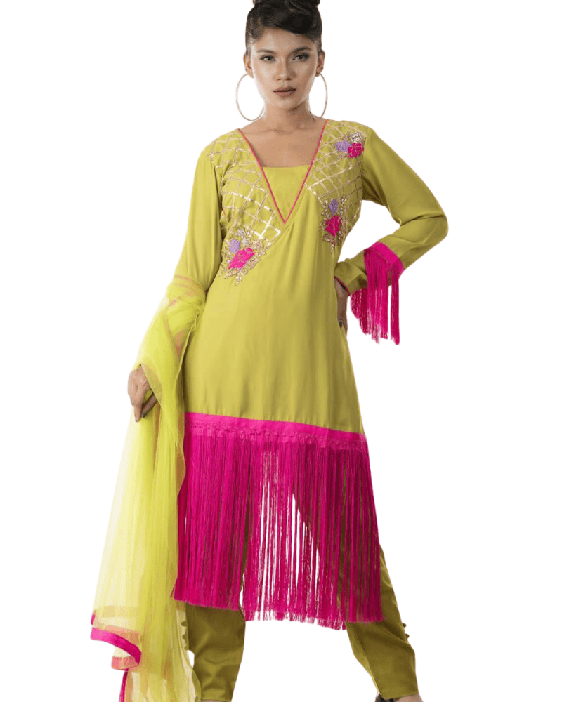 Olive Green Makhon Georgette Salwar Suit – Silk Pants & Dupatta