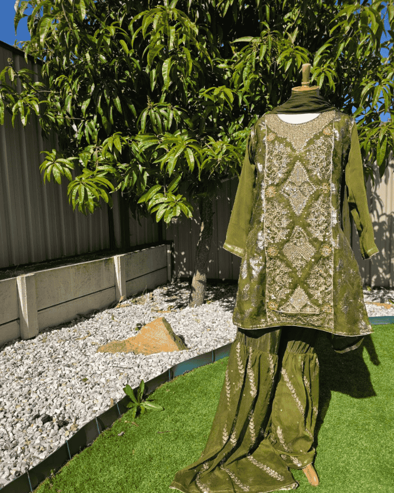 Olive Green Pakistani 4-Piece Dress