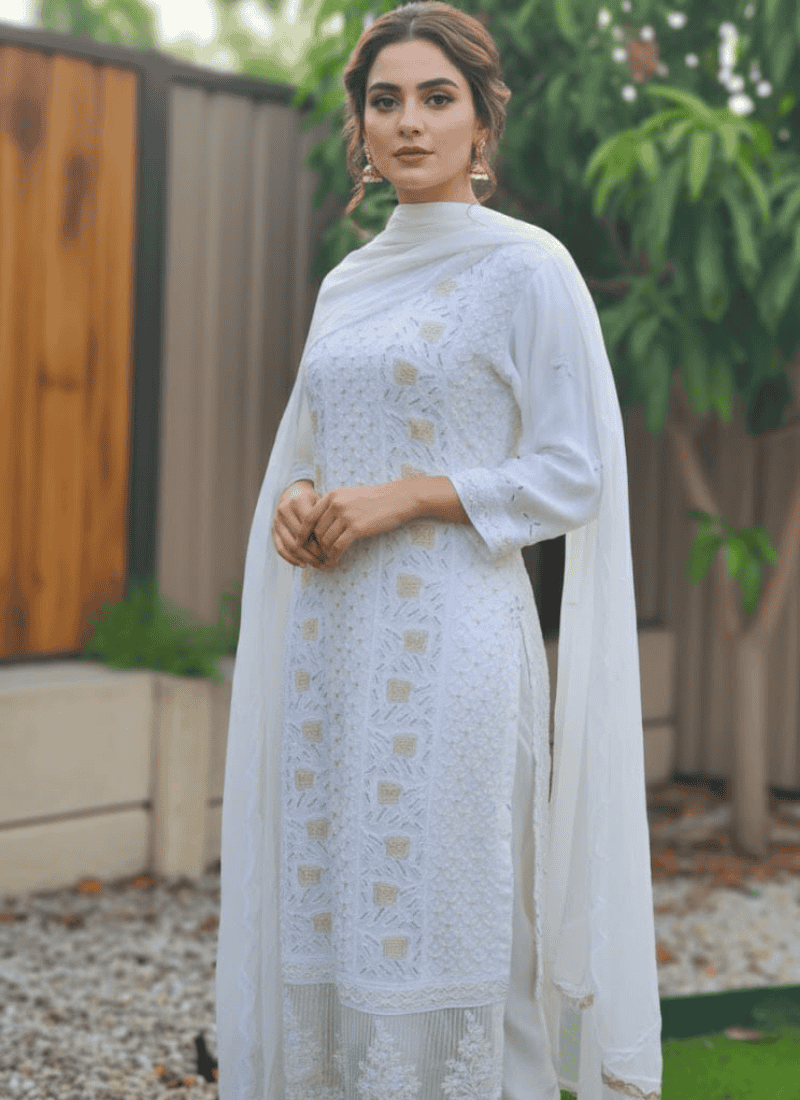 White Lucknow Handloom Salwar Suit – Thread & Mukesh Work