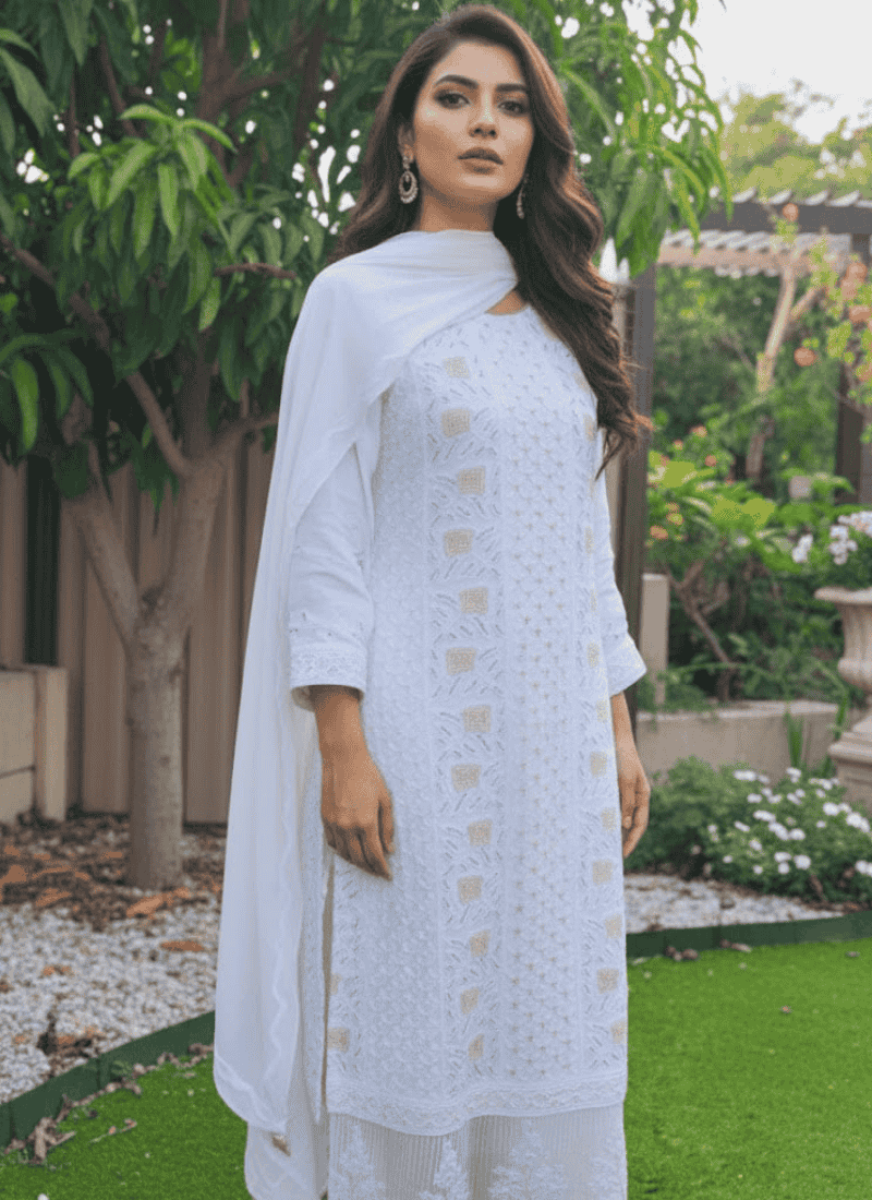 White Lucknow Handloom Salwar Suit – Thread & Mukesh Work