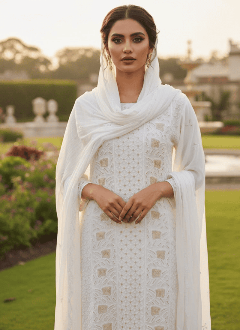 White Lucknow Handloom Salwar Suit – Thread & Mukesh Work