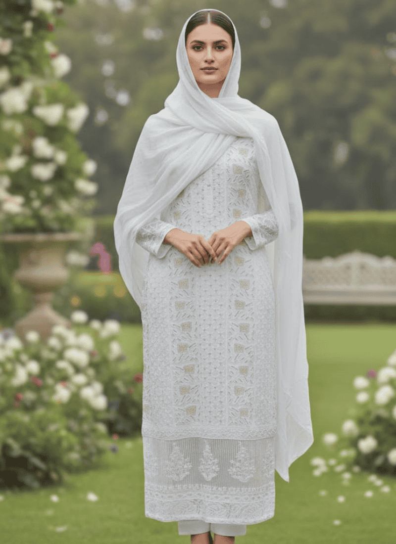 White Lucknow Handloom Salwar Suit – Thread & Mukesh Work Australia