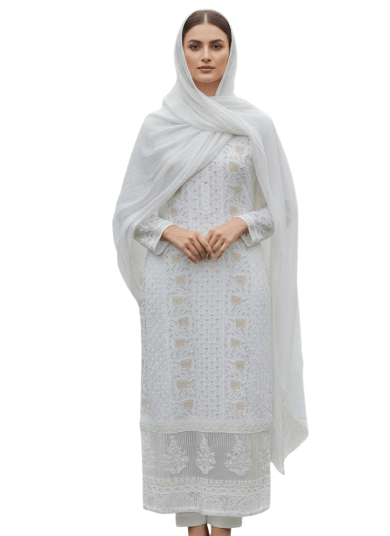White Lucknow Handloom Salwar Suit – Thread & Mukesh Work