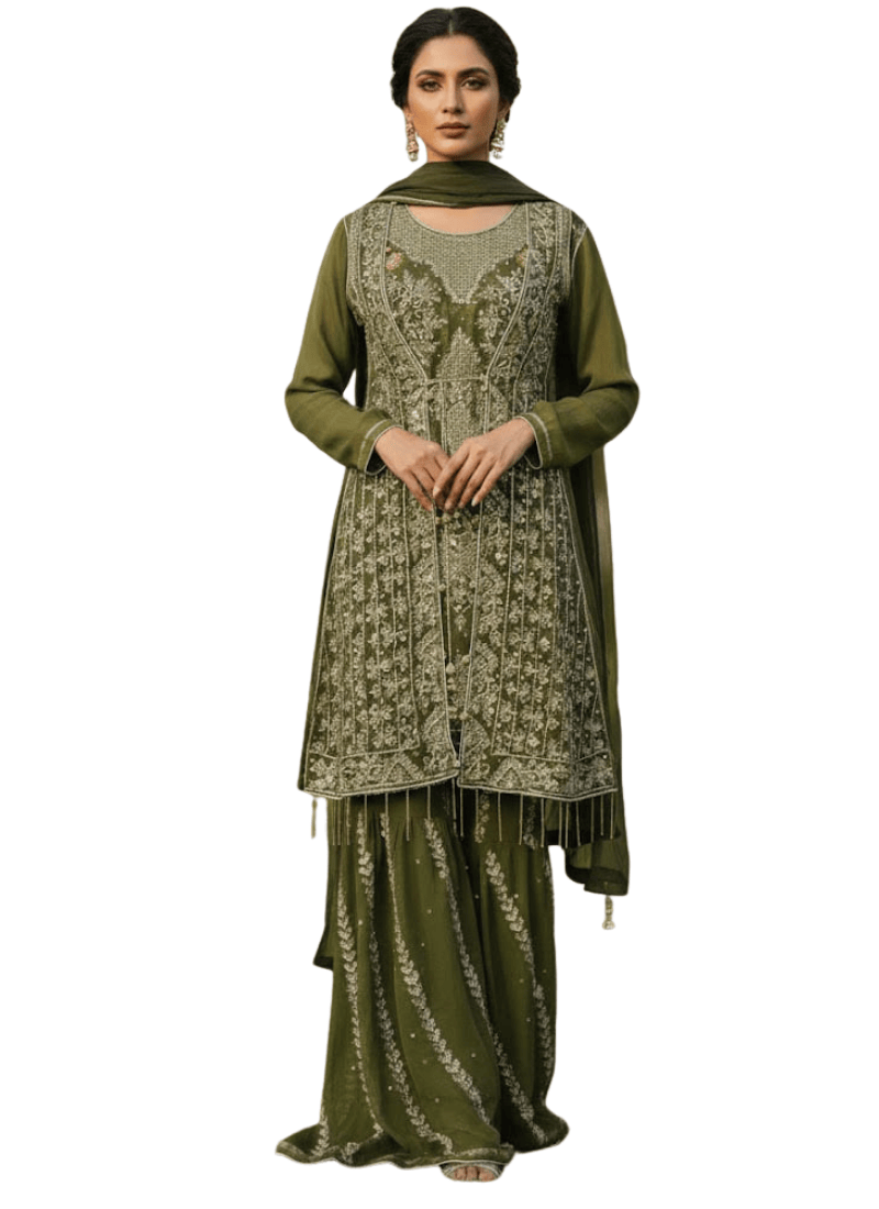 Olive Green Pakistani 4-Piece Dress – Embroidered Chiffon Sharara Set