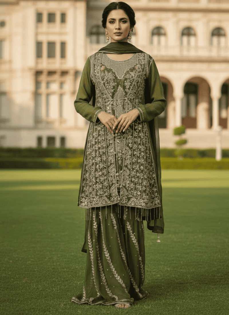 Olive Green Pakistani 4-Piece Dress – Embroidered Chiffon Sharara Set Australia