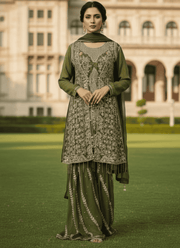 Olive Green Pakistani 4-Piece Dress – Embroidered Chiffon Sharara Set 1