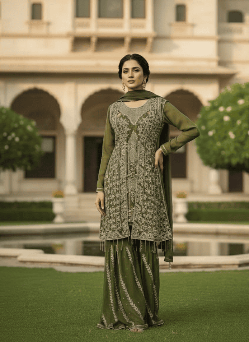 Olive Green Pakistani 4-Piece Dress – Embroidered Chiffon Sharara Set
