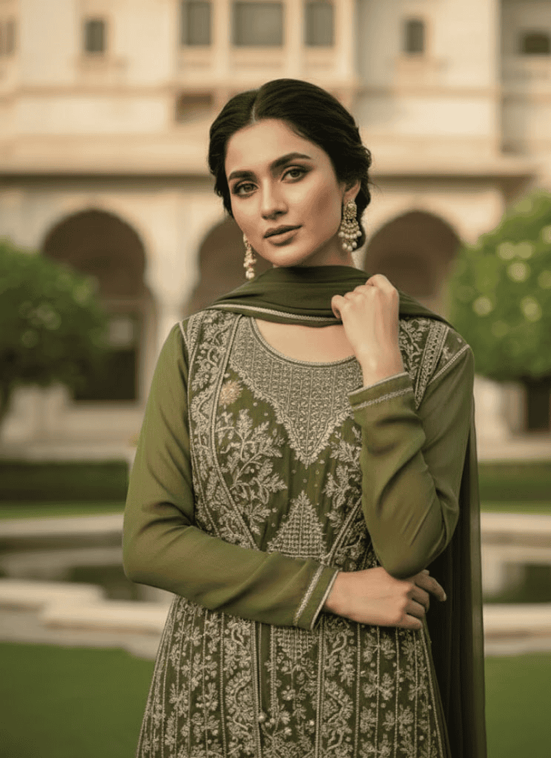 Olive Green Pakistani 4-Piece Dress – Embroidered Chiffon Sharara Set