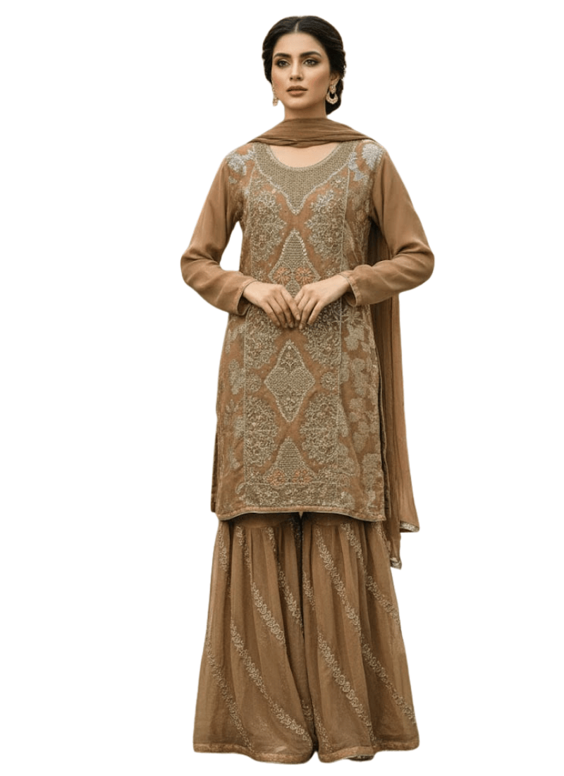 Brown Pakistani Dress – Embroidered Chiffon 4-Piece Set